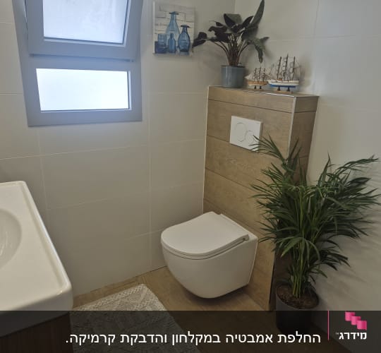 חדר אמבטיה עם כיור, אסלה וצמח ירוק